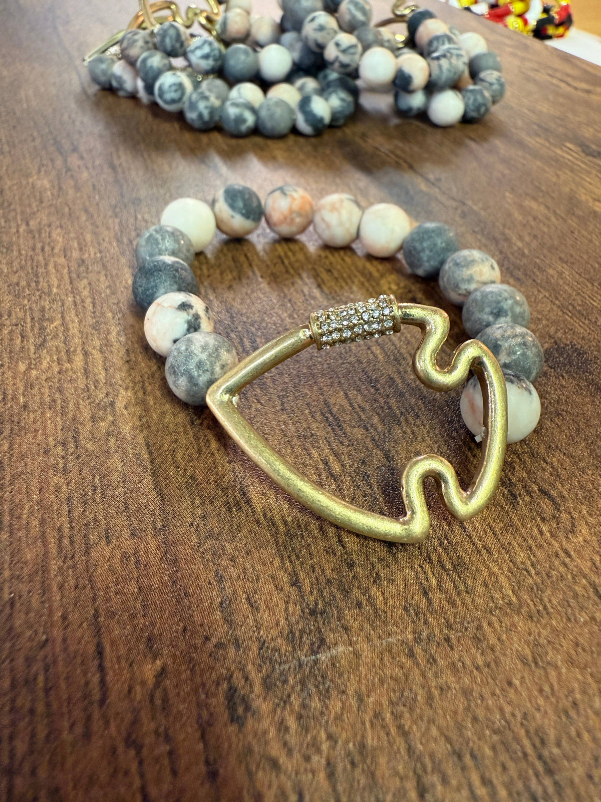 Bling Arrowhead Chunky Stone Stretch Bracelet: Pink Zebra Jasper