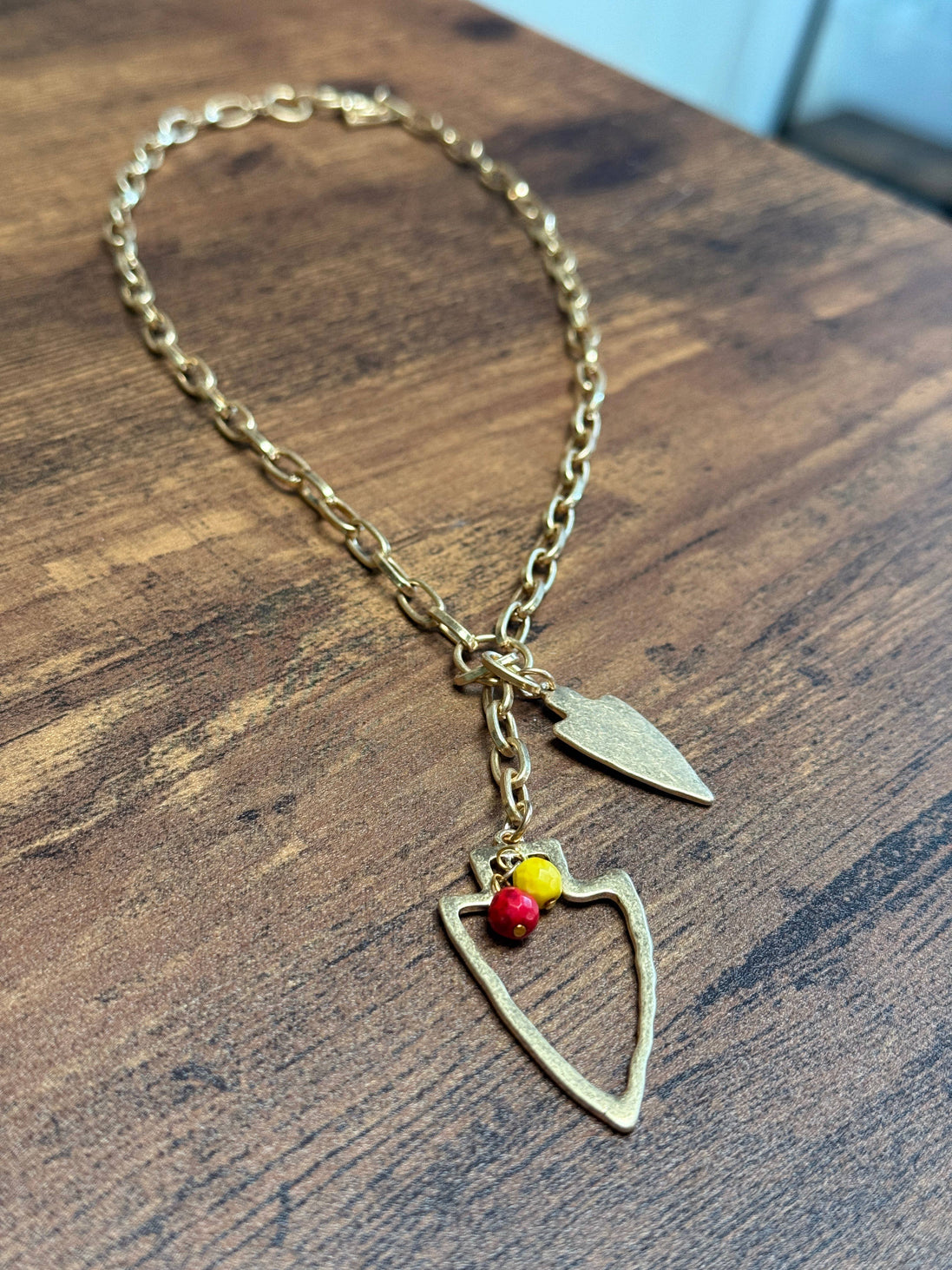Two Charm Arrowhead Chain Link Necklace- Silver or Gold