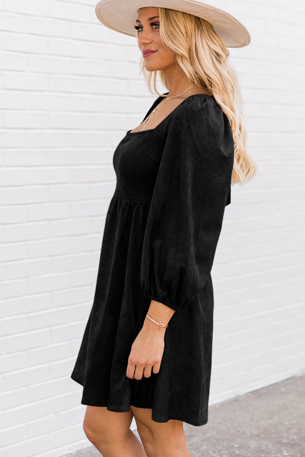 square neck puff sleeve dress Suede Square Neck Puff Sleeve Dress Black / Small