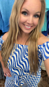 Plisse Off Shoulder Romper (Royal Blue)