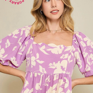 Floral Print Dress with Scalloped Edges (Purple)