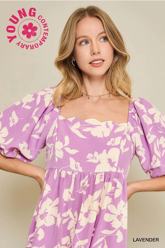 Floral Print Dress with Scalloped Edges (Purple)