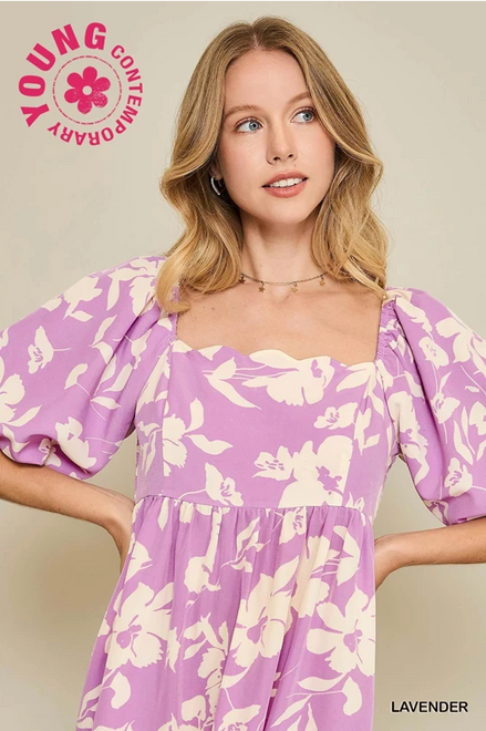 Floral Print Dress with Scalloped Edges (Purple)