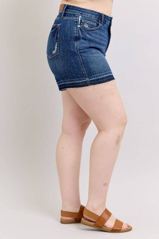 JUDY BLUE High Waisted Tummy Control Destroy Release Hem Shorts - PLUS