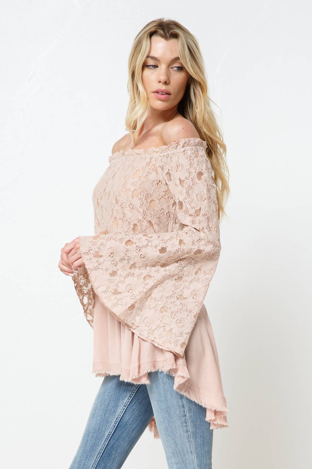 Off the Shoulder Lace Bell Sleeve Tunic Top
