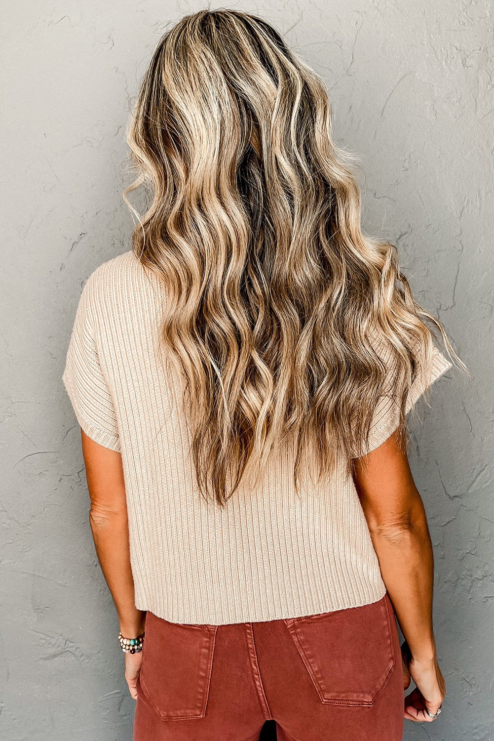 Ribbed Short Sleeve Knit Sweater