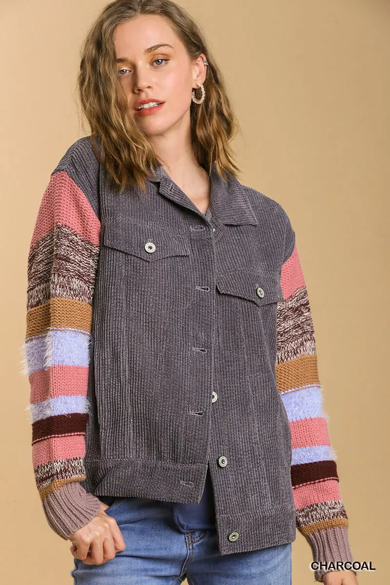 Charcoal Knit Sleeve Button Down Jacket
