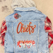 Plaid Sleeve Denim Jacket- Sequin Chiefs and helmet, Kansas City+Players