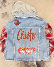 Load image into Gallery viewer, Plaid Sleeve Denim Jacket- Sequin Chiefs and helmet, Kansas City+Players
