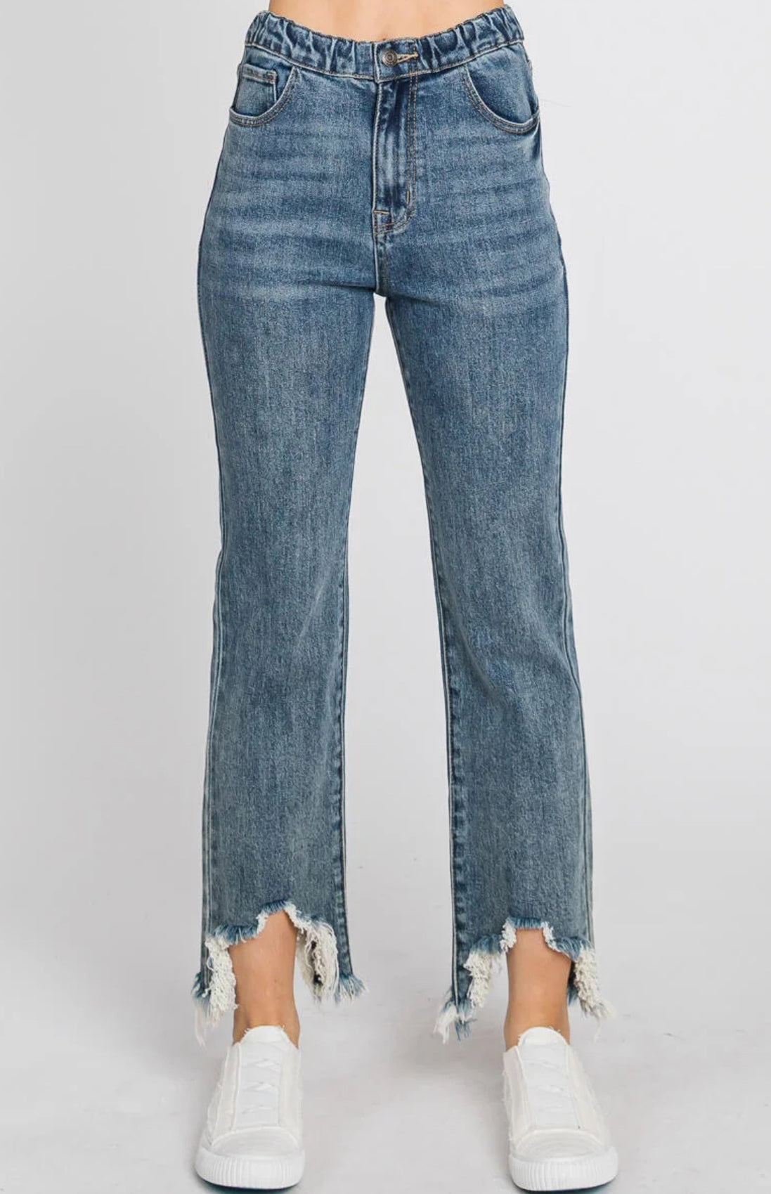 Tattered Hem Elastic Waist Jeans