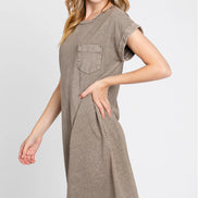 Rolled Sleeve Dress w/Front Pocket
