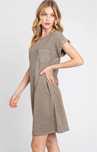 Rolled Sleeve Dress w/Front Pocket
