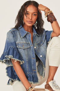 Blue Raw Edge Ruffled Mid Sleeve Denim Jacket