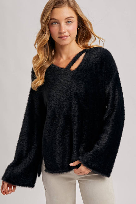 STRAPPY FRONT FUZZY PULLOVER