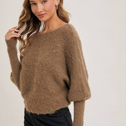 BOAT NECK DOLMAN SLEEVE RIBBED FUZZY KNIT SWEATER