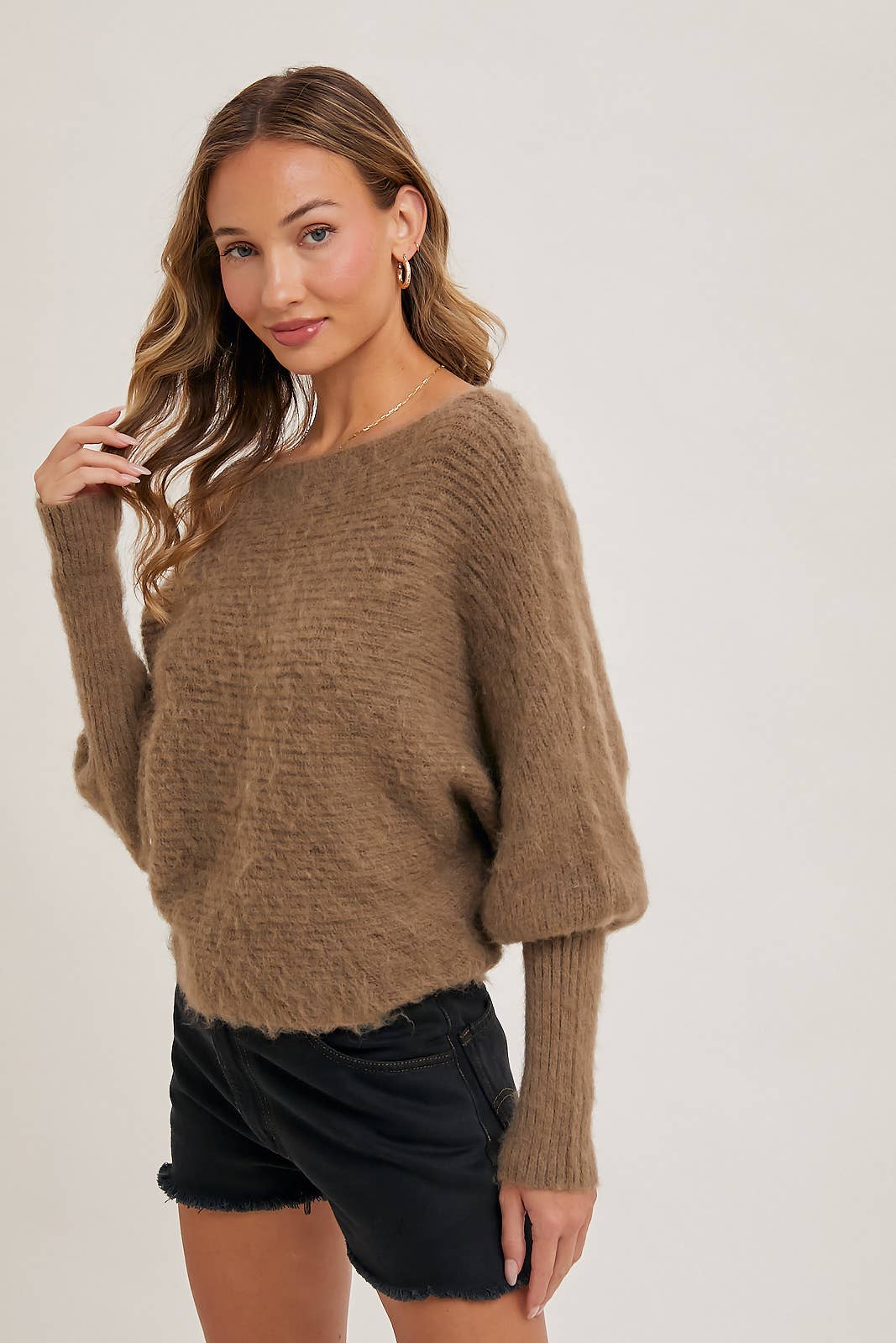 BOAT NECK DOLMAN SLEEVE RIBBED FUZZY KNIT SWEATER
