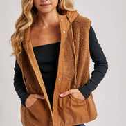 SHERPA FLEECE HOODED VEST WITH FAUX SUEDE INNER