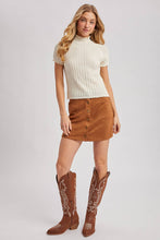 Load image into Gallery viewer, OPEN-KNIT MOCK NECK POINTELLE RUFFLE EDGE SWEATER TEE TOP
