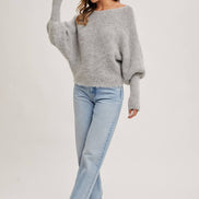 BOAT NECK DOLMAN SLEEVE RIBBED FUZZY KNIT SWEATER