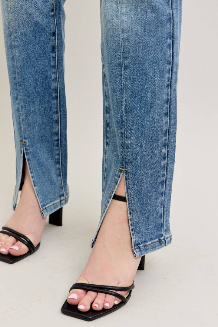 JUDY BLUE High Waisted Vintage Wash Front Seam & Slit Straight