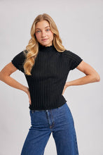 Load image into Gallery viewer, OPEN-KNIT MOCK NECK POINTELLE RUFFLE EDGE SWEATER TEE TOP
