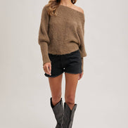 BOAT NECK DOLMAN SLEEVE RIBBED FUZZY KNIT SWEATER