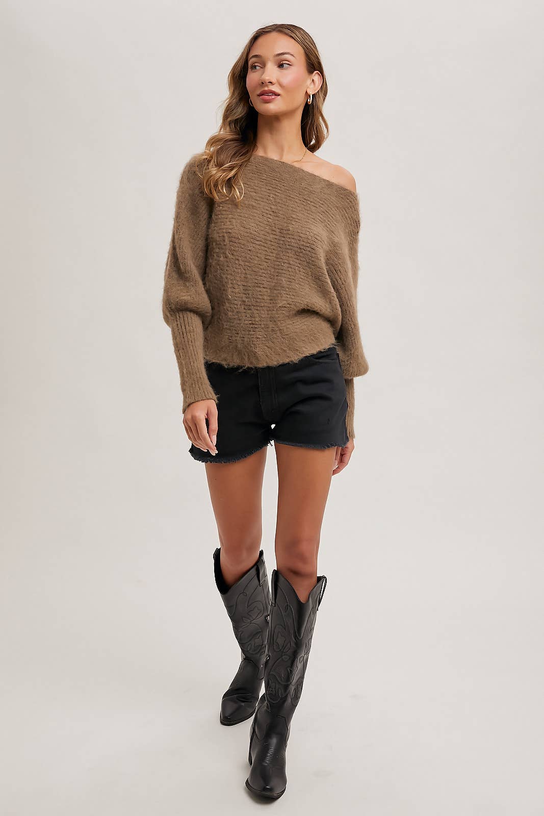 BOAT NECK DOLMAN SLEEVE RIBBED FUZZY KNIT SWEATER