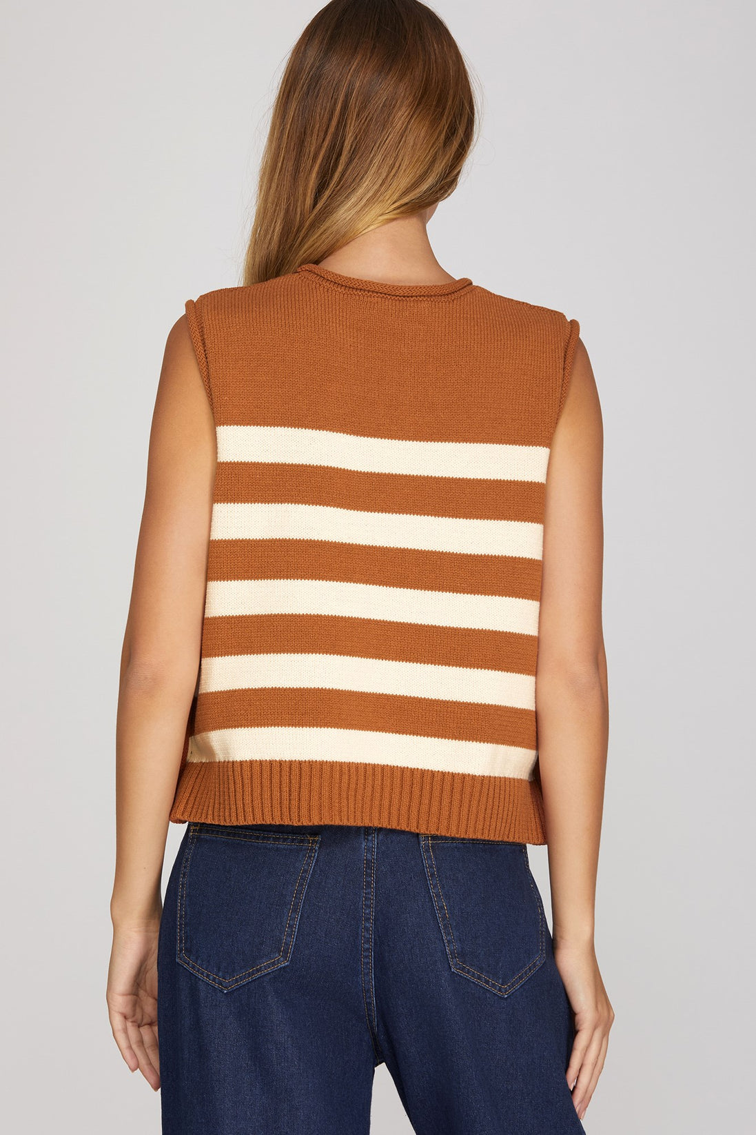Sleeveless Stripes Sweater Top w/Side Buttons