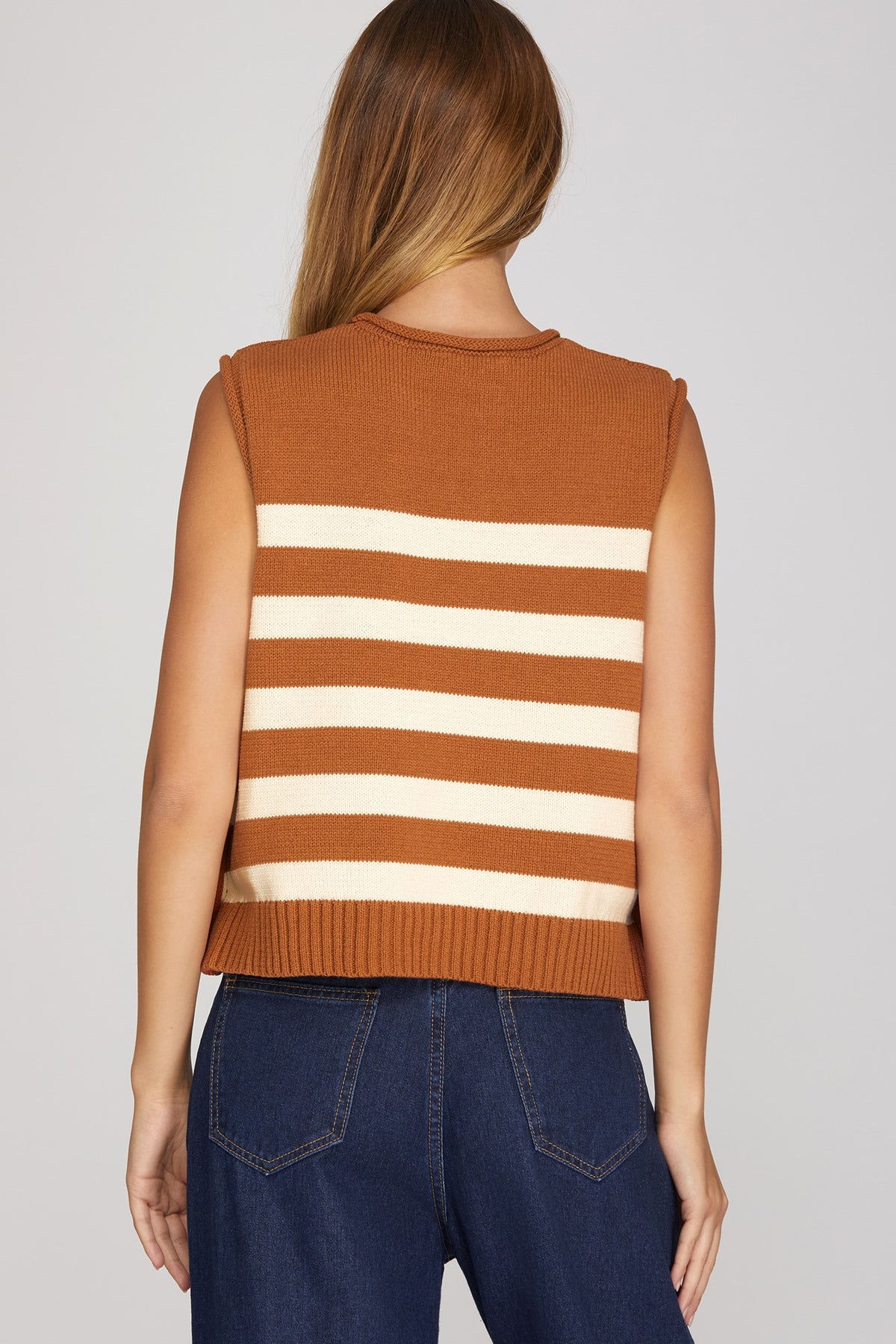 Sleeveless Stripes Sweater Top w/Side Buttons