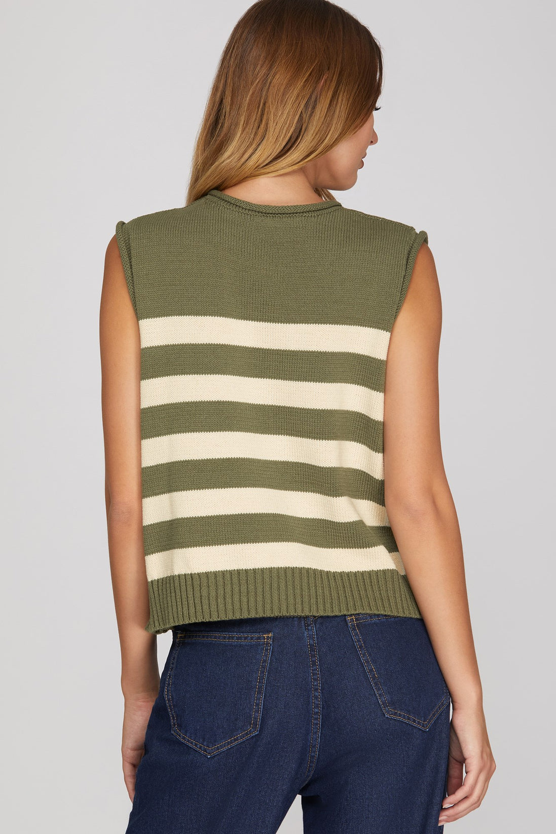 Sleeveless Stripes Sweater Top w/Side Buttons