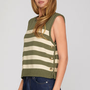 Sleeveless Stripes Sweater Top w/Side Buttons