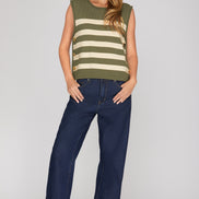 Sleeveless Stripes Sweater Top w/Side Buttons