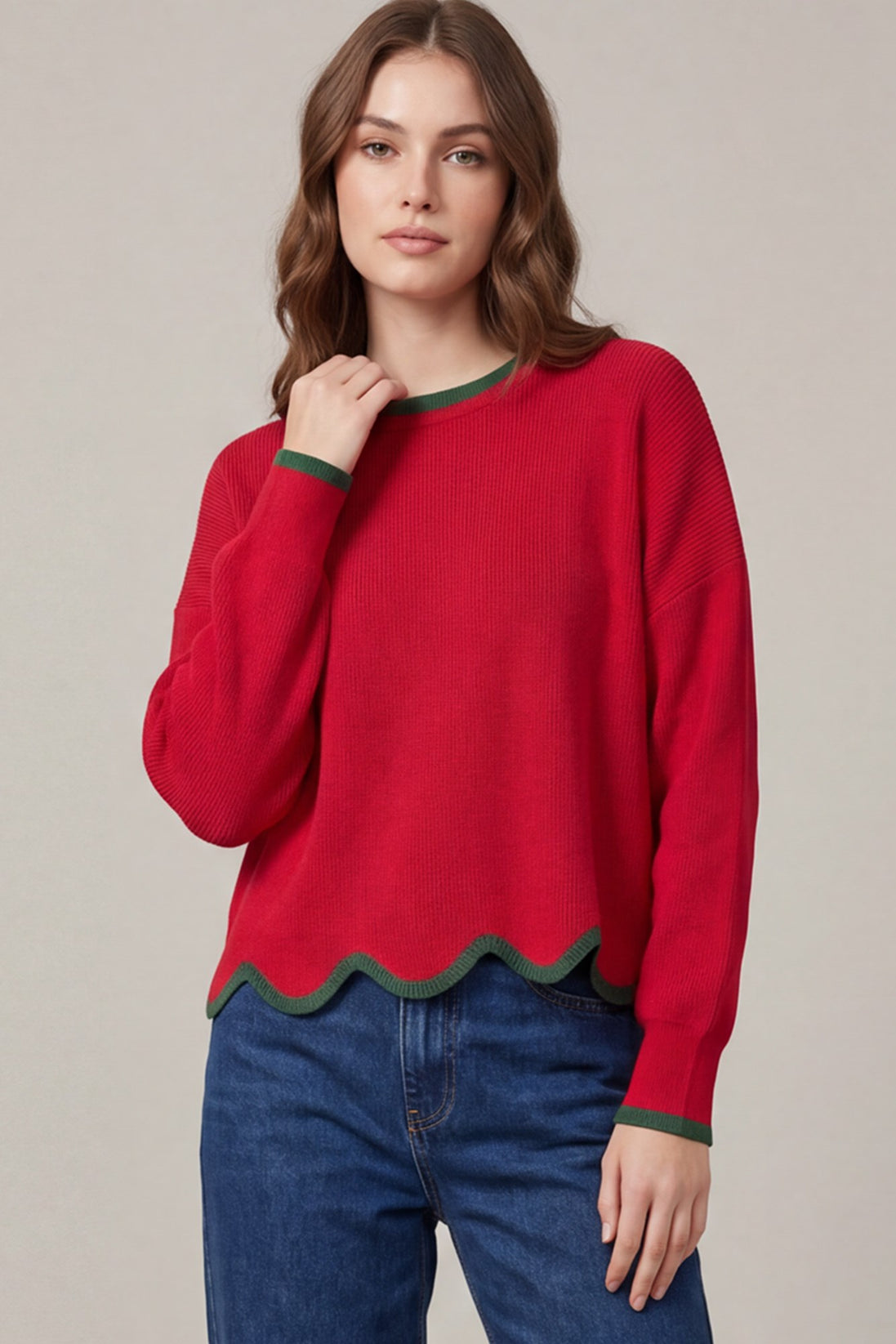 Contrast Scallop Hem Sweater