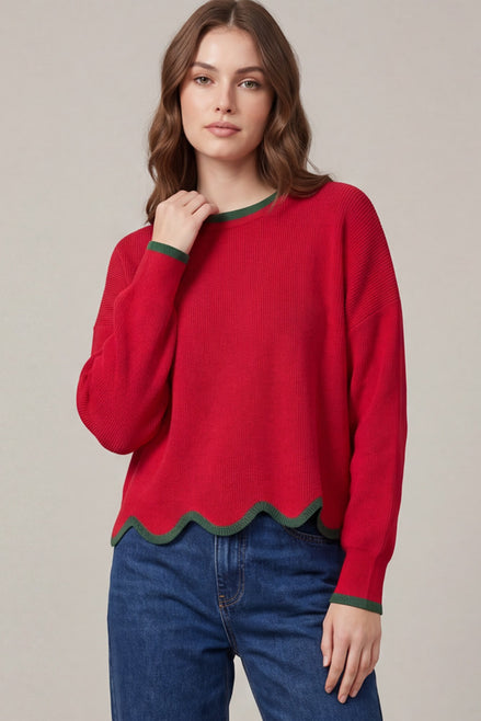 Contrast Scallop Hem Sweater