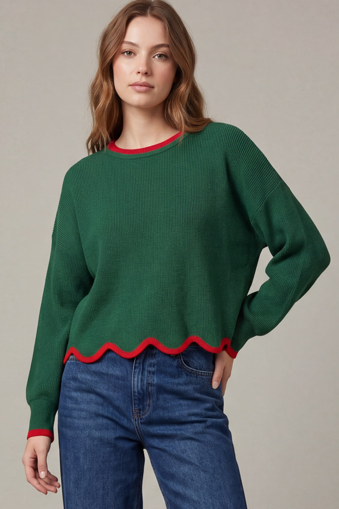 Contrast Scallop Hem Sweater