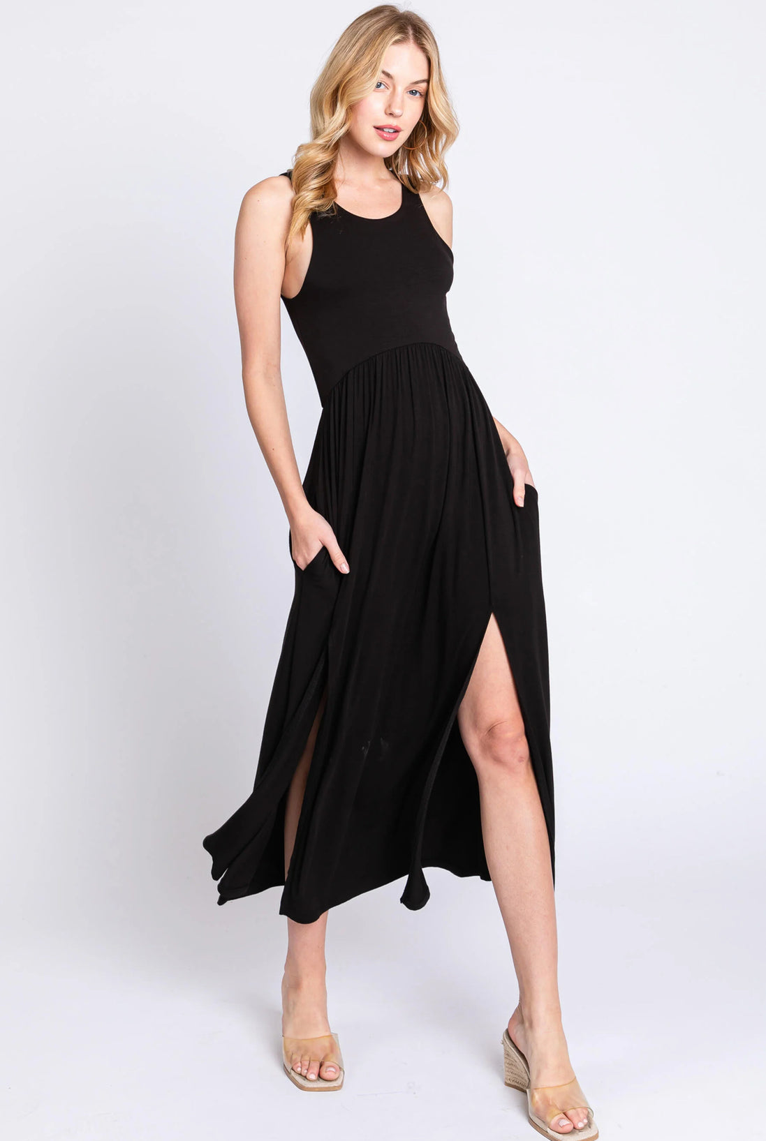 Sleeveless Midi Dress with Side Slit Detail