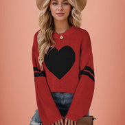 Valentine Heart Knit Sweater Womens Crew Neck Pullover