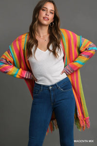Magenta Mix Multi Stripe Cardigan Sweater with Fringe