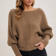 BOAT NECK DOLMAN SLEEVE RIBBED FUZZY KNIT SWEATER