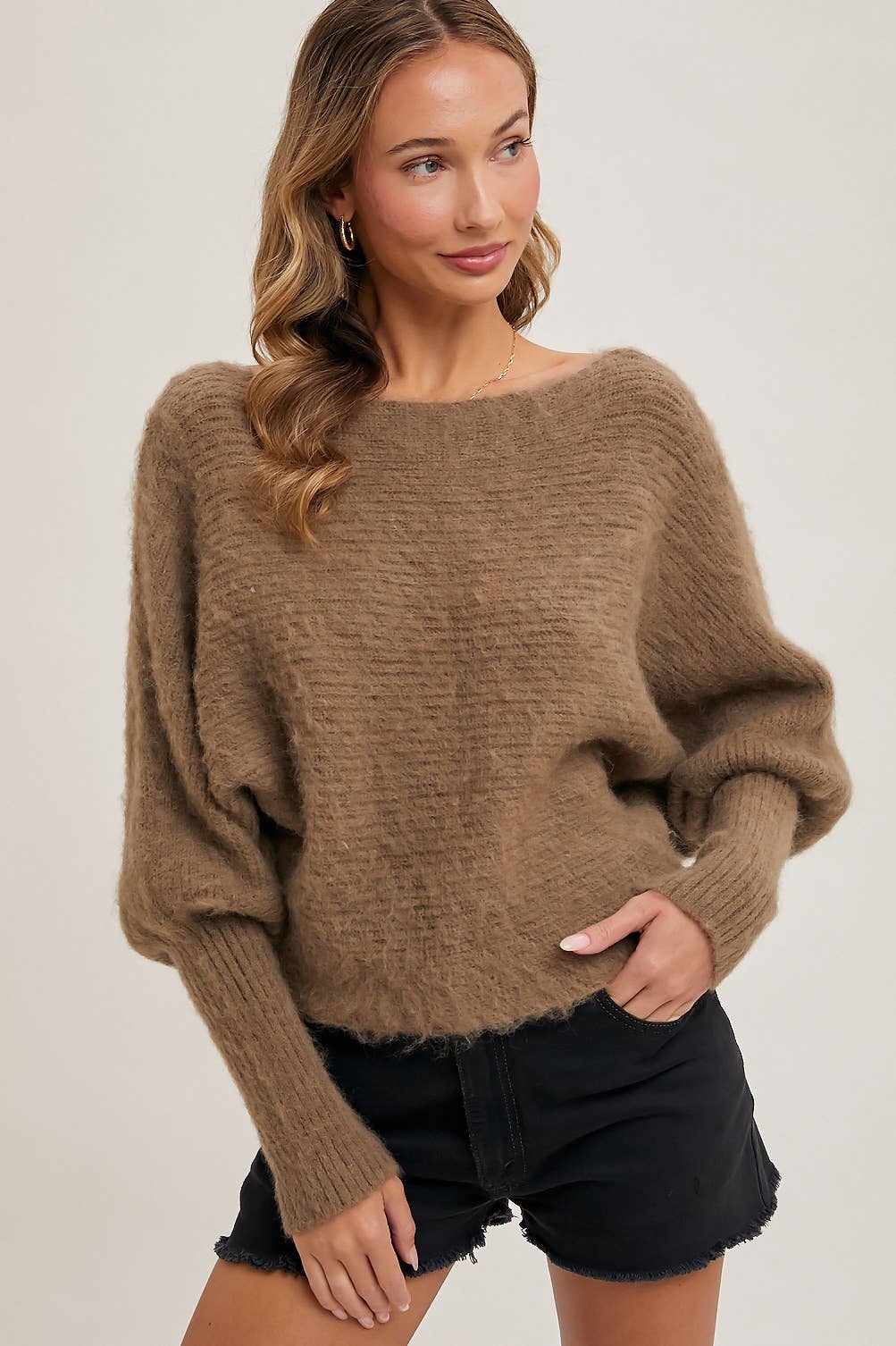 BOAT NECK DOLMAN SLEEVE RIBBED FUZZY KNIT SWEATER