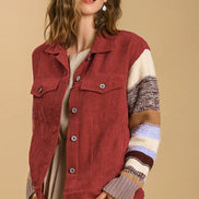 Red Knit Sleeve Button Down Jacket
