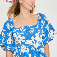 Floral Print Dress with Scalloped Edges (Blue)
