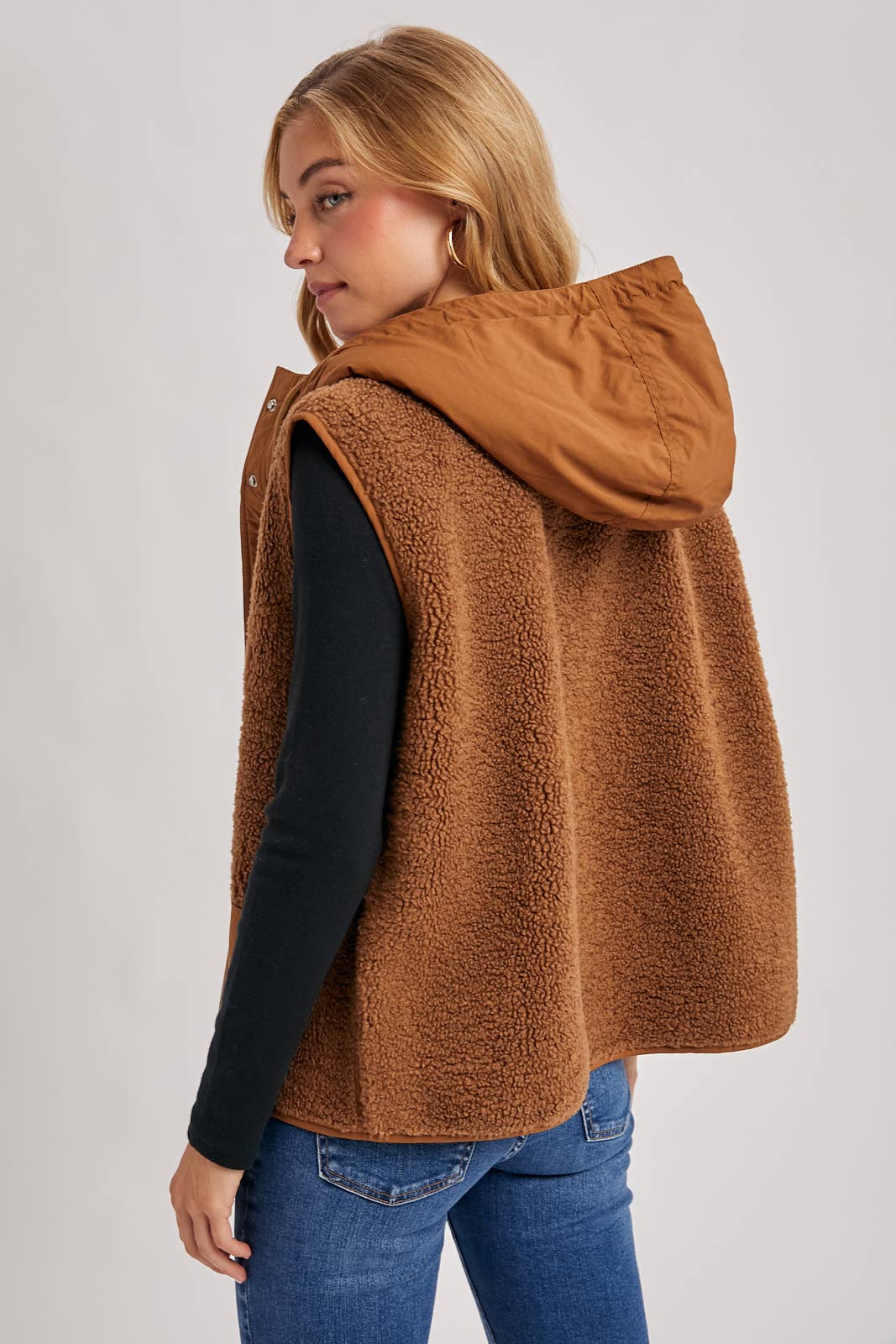 SHERPA FLEECE HOODED VEST WITH FAUX SUEDE INNER