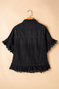 Black Raw Edge Ruffled Mid Sleeve Denim Jacket