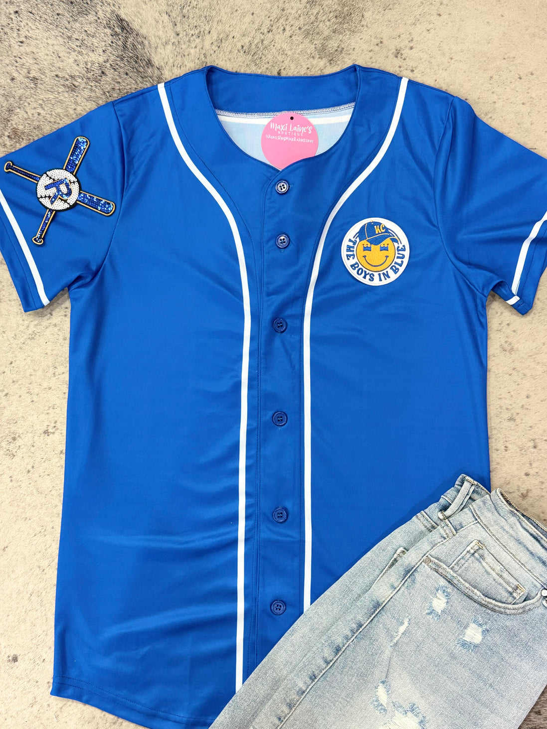 Smiley Royals Baseball Jersey w/Chenille Leopard KC