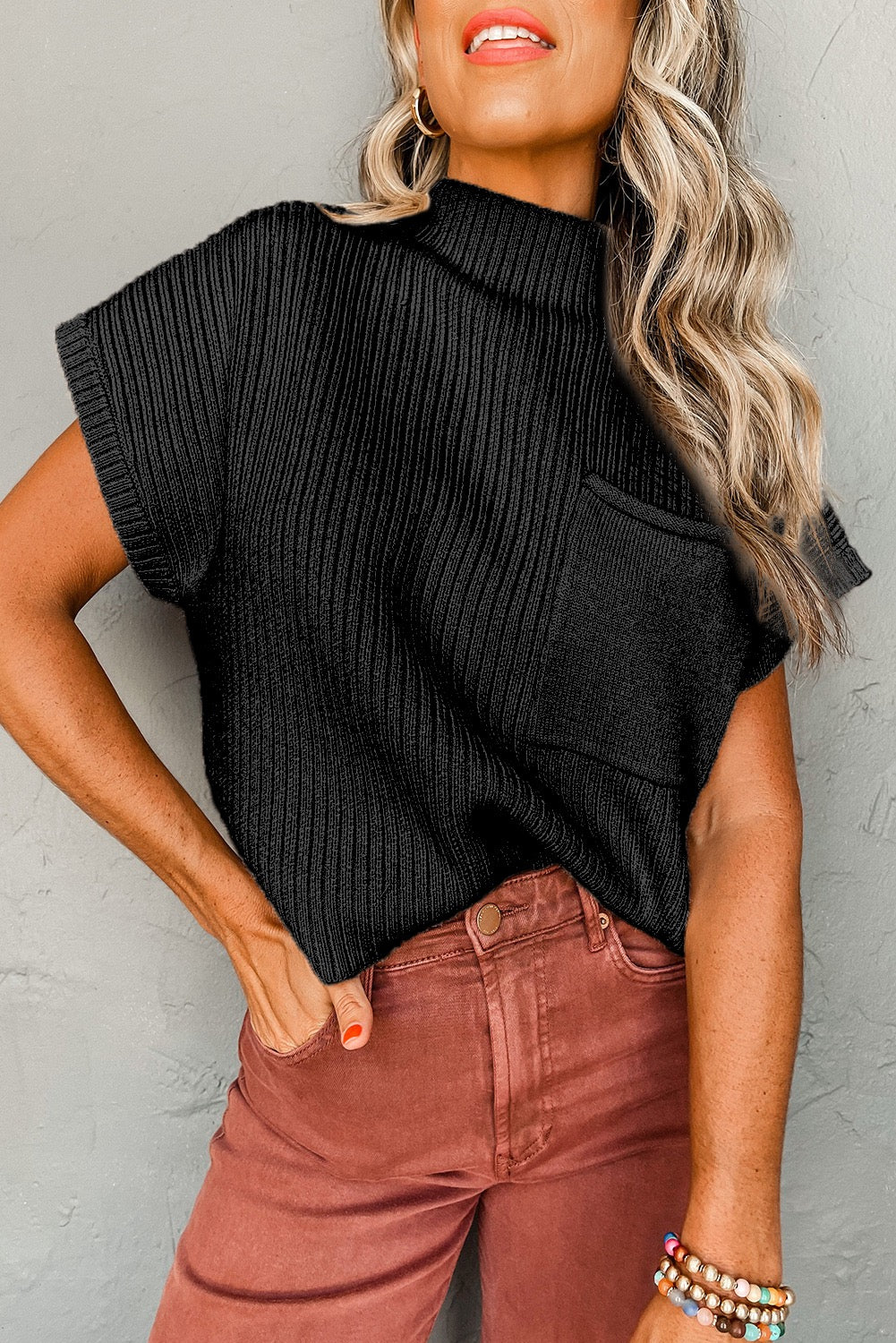 Ribbed Short Sleeve Knit Sweater
