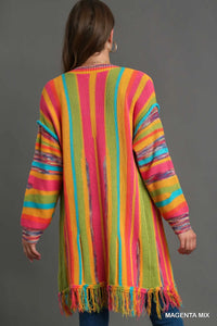 Magenta Mix Multi Stripe Cardigan Sweater with Fringe