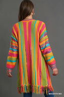 Magenta Mix Multi Stripe Cardigan Sweater with Fringe
