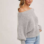 BOAT NECK DOLMAN SLEEVE RIBBED FUZZY KNIT SWEATER