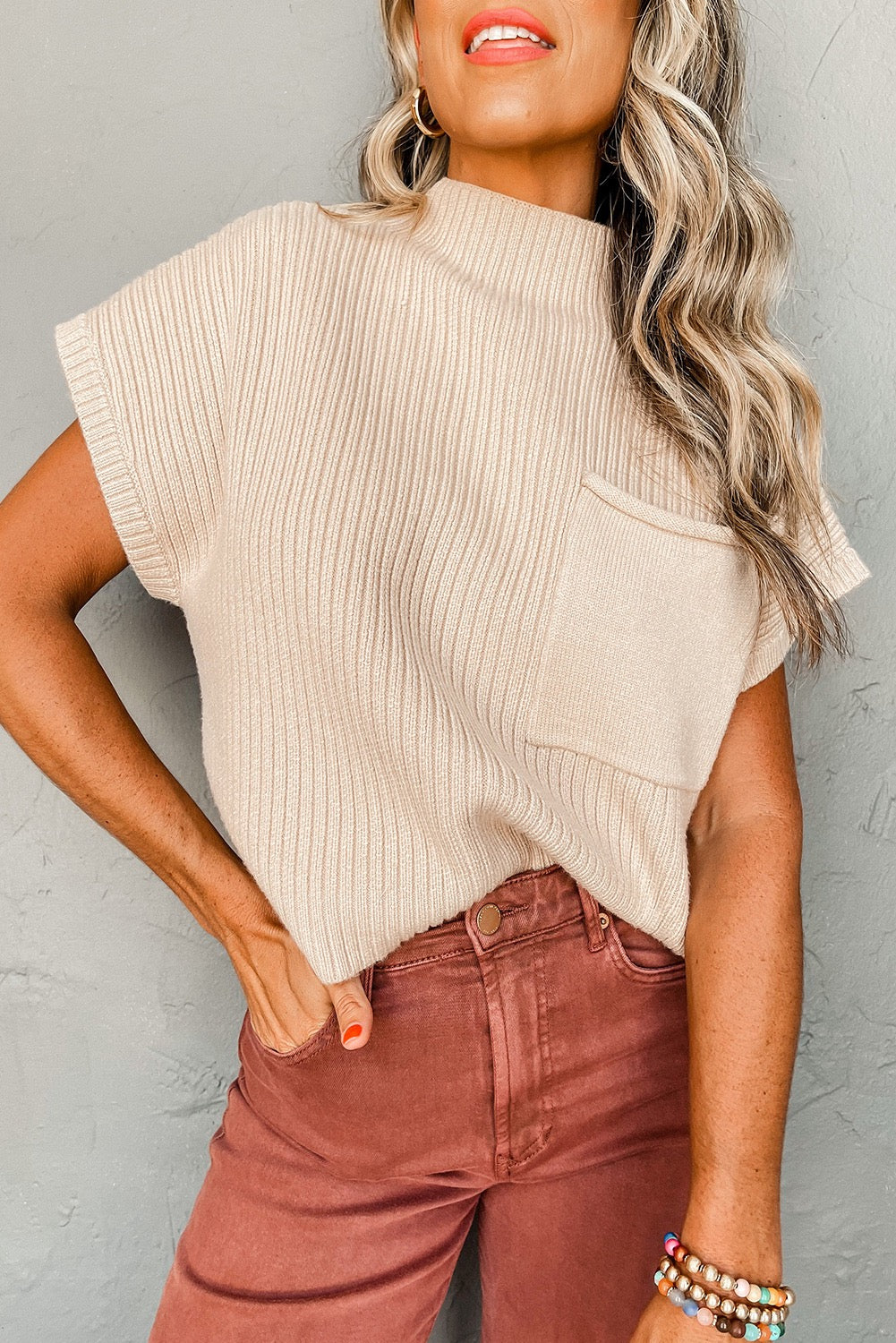 Ribbed Short Sleeve Knit Sweater